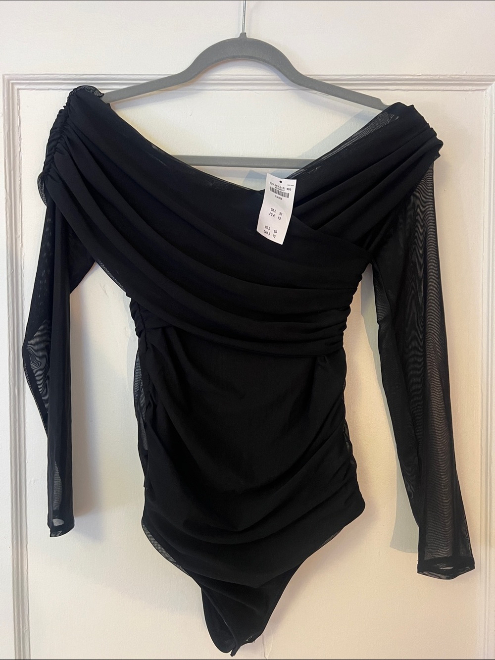 Abercrombie & Fitch Black Off-Shoulder Ruched Mesh Sleeve Bodysuit